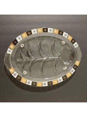 Vintage Glass Atomic Starburst MCM Gold Black Plate Tray Charcuterie